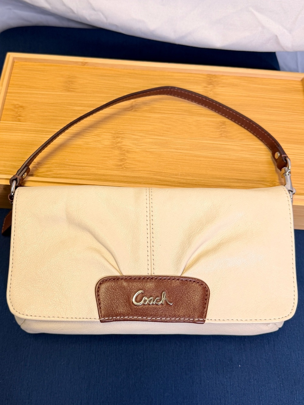 COACH Chalk Ivory Cream Brown Pleated Leather Baguette Demi Shoulder Bag - Picture 2 of 10
